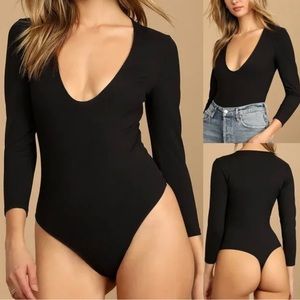 Free People Intimately V Neck Close Call Duo Bodysuit Top Black X-Small